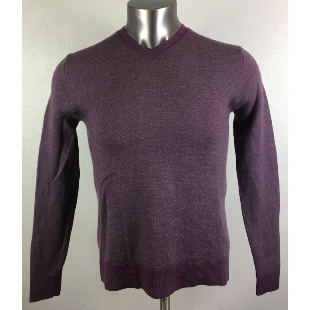 Mens VINCI‎ Merino Wool Sweater V Neck Long Sleeve Purple Gray Geometric Size S